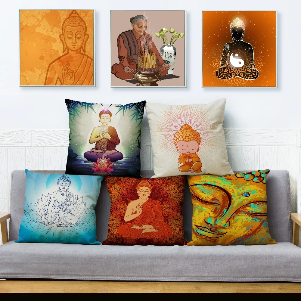 

Maitreya Buddha Statue Print Cushion Cover Beige Linen Pillowcase 45*45cm Square Throw Pillows Covers Car Home Decor Pillow Case