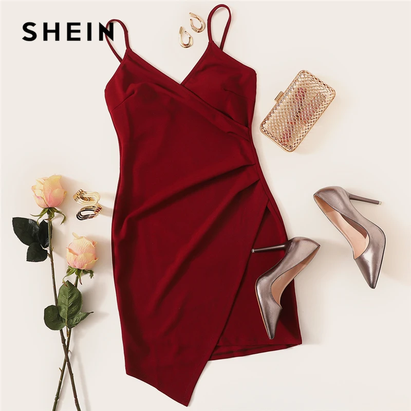 SHEIN Платье Без Рукавов С Асимметричным Низом Женское Бордовое Летнее Элегантное Платье На Бретелях
