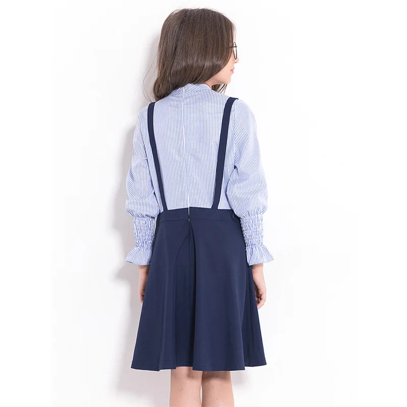 Hot Girl Dress Striped Suspenders For 6-12 Years Kids Petal Sleeve Knee-Length School Dresses England Style Princess | Детская одежда и