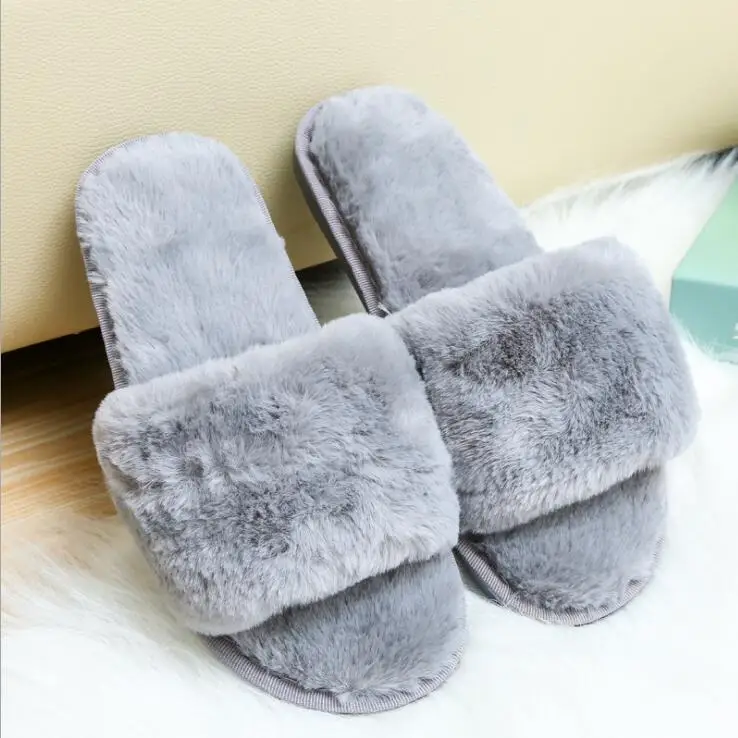 Women Slippers Winter Shoes Flat Sweet Home Slippers Woman Indoor Shoes Fur Warm Soft Slip On Black Pink Grey Female flip flops - Color: Gray