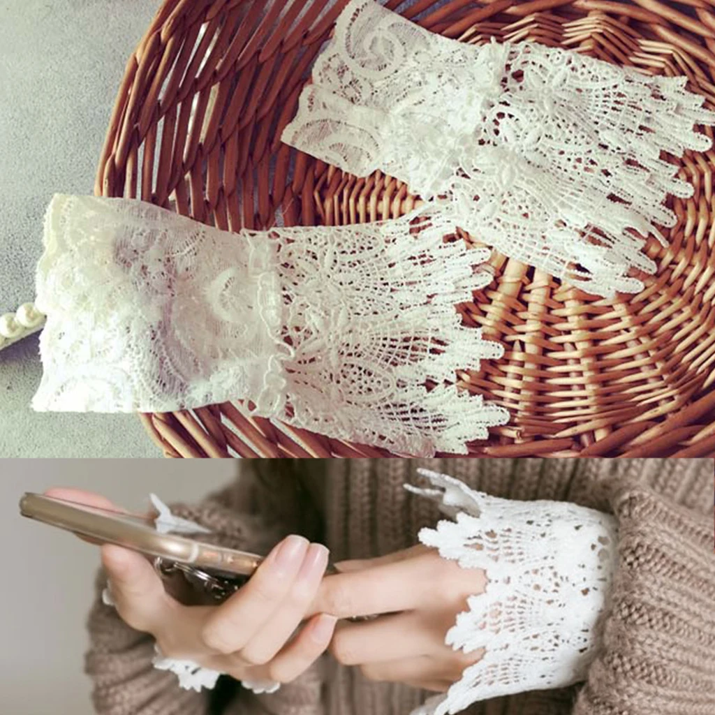 

1 pair New Women Handmade Bracelet Drop Flower White Lace Sweet Wristband Wrist Cuff Bracelet for Overcoat Woolen Coat