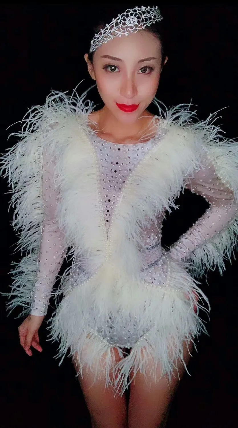 

Milky White Feather Rhinestones Jumpsuit Bodysuit Women's Birthday Celebrate Outfit DJ Singer Show Dance Stretch Outfit Bodysuit