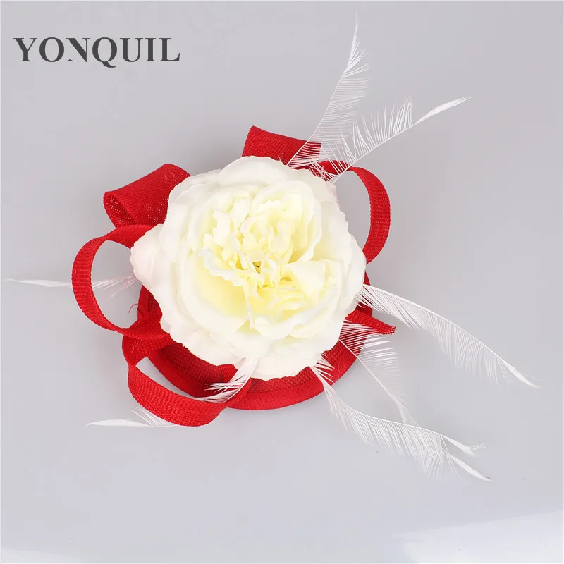 

Red Imitation Sinamay Fascinator Millinery Hats with Beige Silk Flower Wedding Headwear Church Hat for Gril Red Hair Accessories