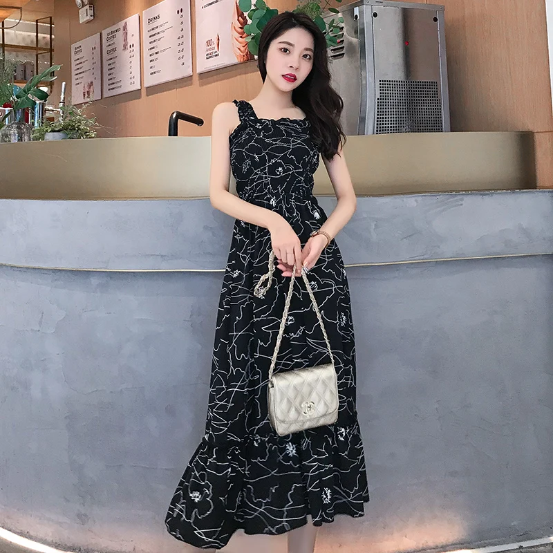 Летнее пляжное платье 2019 женское Плиссированное эластичное с цветочным принтом