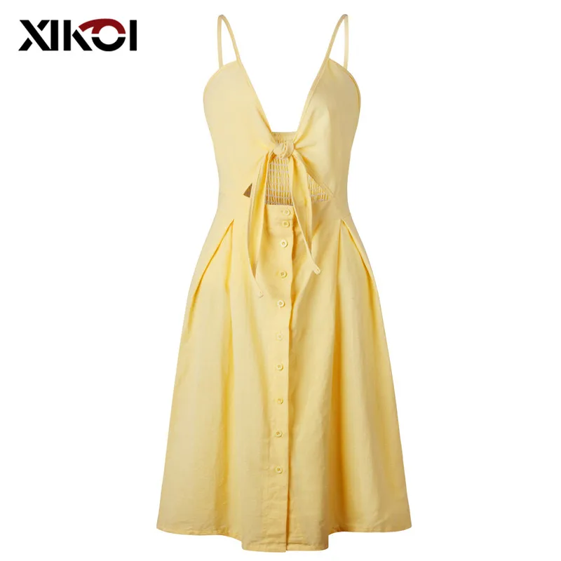 XIKOI Causal Backless Summer Dress Hollow Out Bow Midi Women Female Spaghetti Strap Sundress Print Button 2021 vestidos | Женская одежда