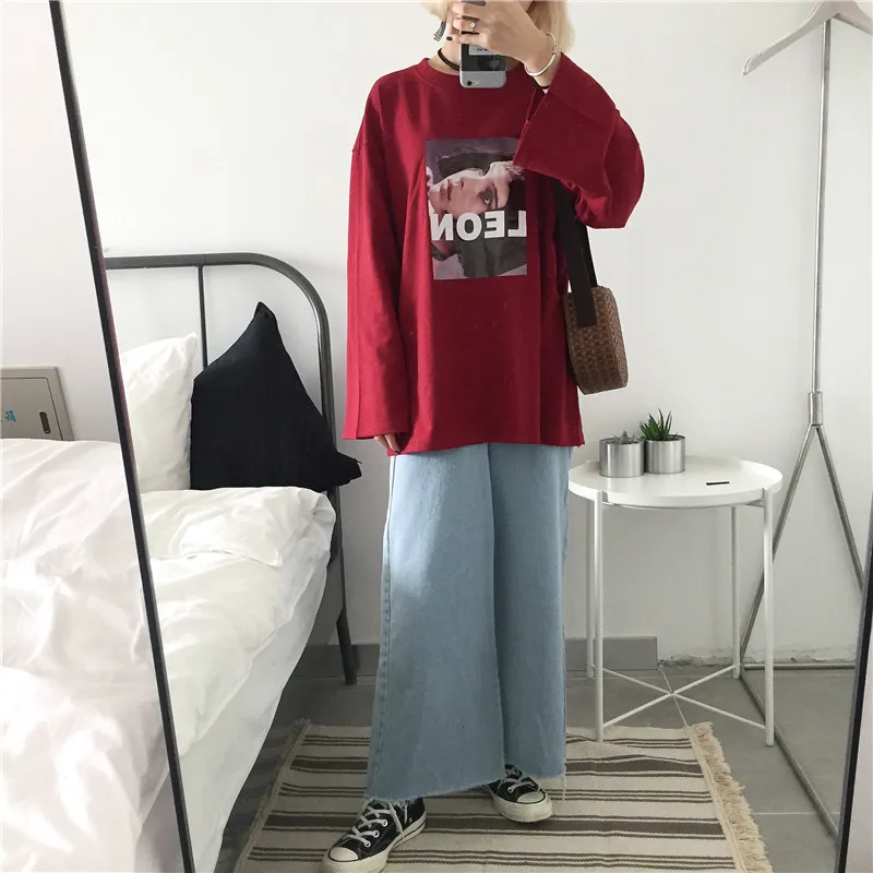 Женская рубашка Топ весна корейский Ulzzang Harajuku с принтом персонажей летучей мыши с длинным рукавом Женская Повседневная футболка с круглым вырезом