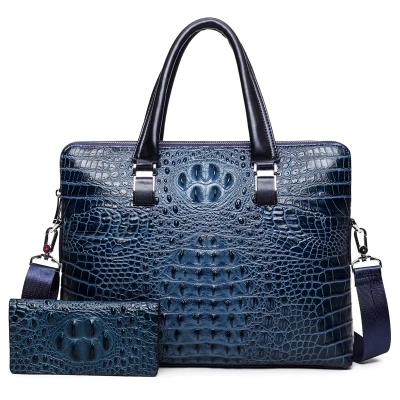 blue with wallet Мужская роскошная сумка из натуральной воловьей кожи с узором «крокодиловая кожа», деловой кожаный портфель для ноутбука для мужчин, сумки на плечо - Цвет: blue with wallet