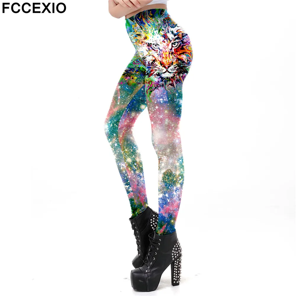FCCEXIO New Women Leggings Galaxy Tiger Head Printed Workout Legging Colorful Fitness Leggins Puls Size Fashion 3D Pants | Женская