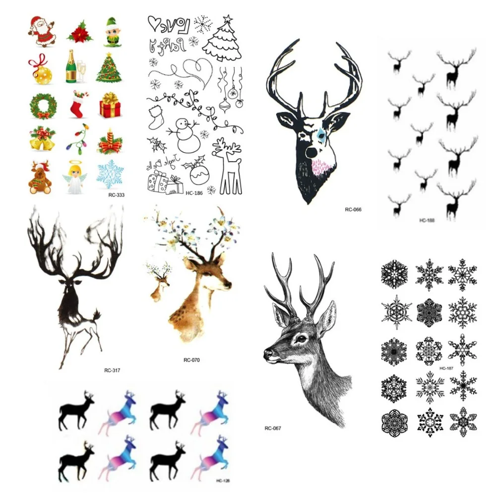16pcs/lot Temporary Tattoo Sticker 3D Christmas Trees Gift Deer Tatoo Water Transfer Sexy Fake Henna Flash Tattoos | Красота и
