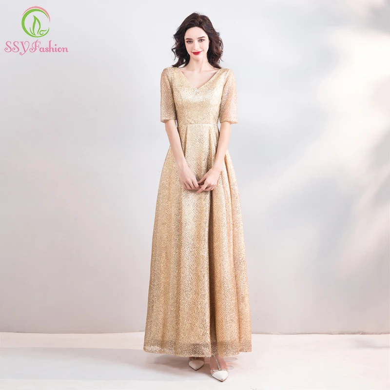 SSYFashion новый простой вечернее платье Champagne Gold Половина рукавами v-образным вырезом