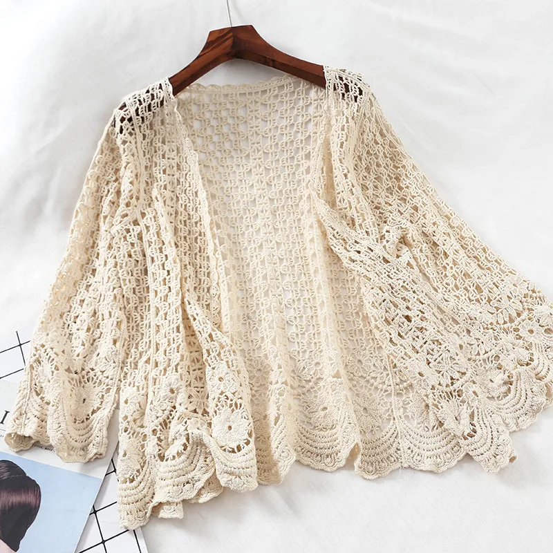 

2019 Summer Women Thin Casual Loose Coat Hollow Out Knitted Cardigans Female Beach Cardigan Air Conditioning Shirt Tops AB1430