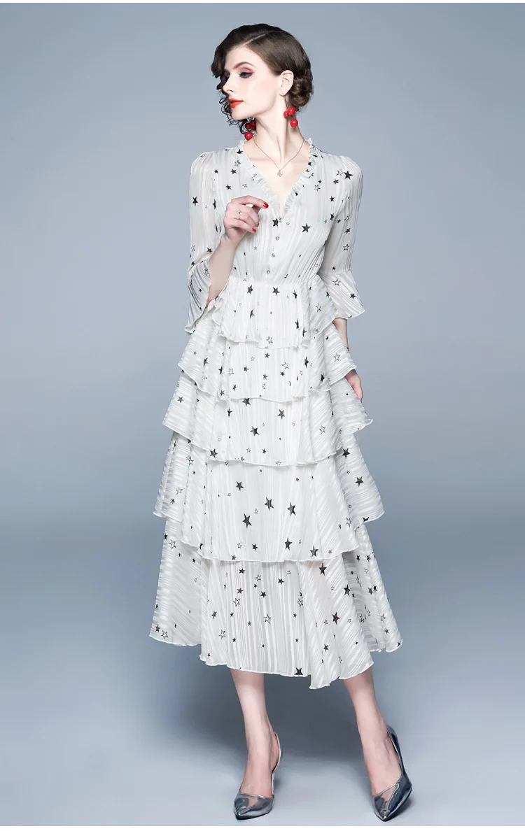 Высокое качество летнее платье для подиума женское платье с расклешенными рукавами с v-образным вырезом и высокой эластичной талией с принтом звезды блестящее Каскадное платье с оборками