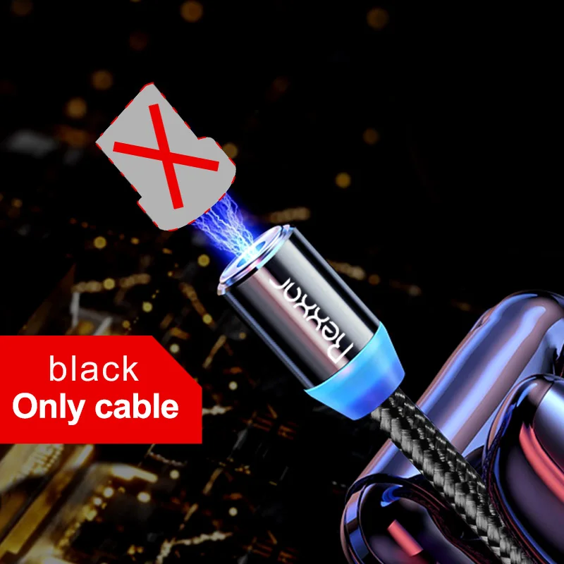 Black Cable no plug Rexxar, магнитный кабель для iPhone, samsung, быстрая зарядка, Micro USB кабель, шнур, магнитное зарядное устройство, usb type C, 1 м, 2 м, кабели для мобильных телефонов - Цвет: Black Cable no plug