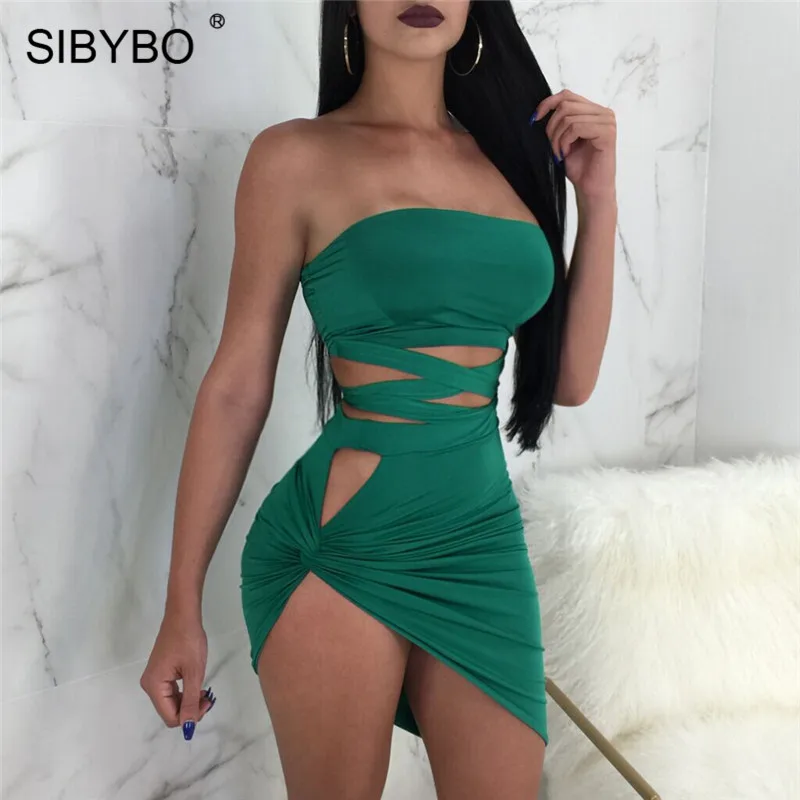 Зеленый Sibybo, сексуальное Бандажное платье без бретелек с открытыми плечами, женское платье без рукавов, Асимметричное мини-платье, летнее женское платье для ночного клуба, вечерние женские платья - Цвет: Зеленый