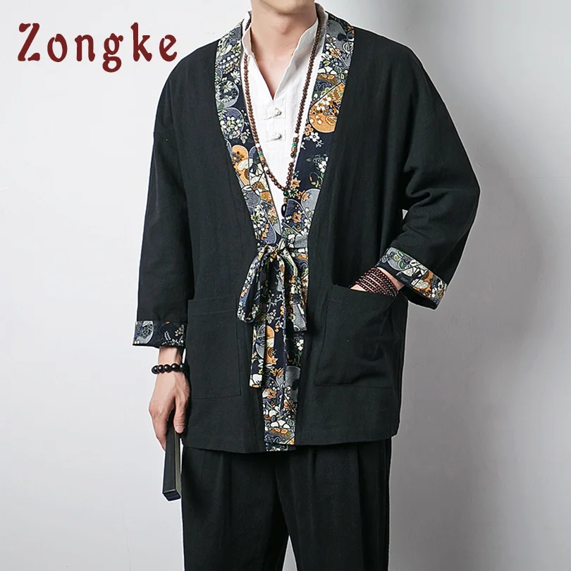 Black Zongke китайский стиль хлопок льняное кимоно кардиган Мужская рубашка хип хоп Уличная кимоно рубашка мужская Японская кимоно Мужская рубашка - Цвет: Black
