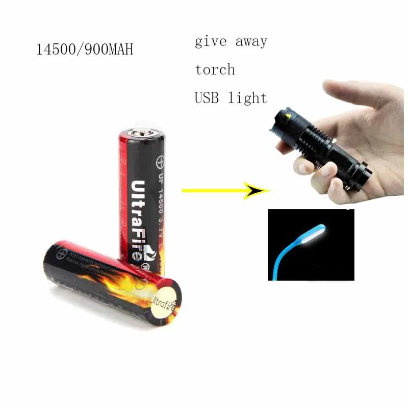UltraFire 14500 900 mAh перезаряжаемая литиевая батарея с защитой Luz факел USB свет для чтения белый свет ночник(2 шт
