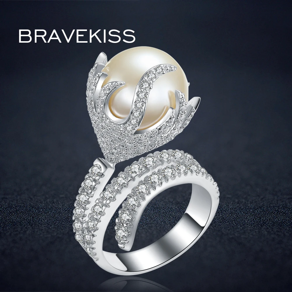 

BRAVEKISS уникальные большие коктейльные кольца с искусственным жемчугом для женщин, обручальные кольца с фианитами и камнями, обручальные кол...