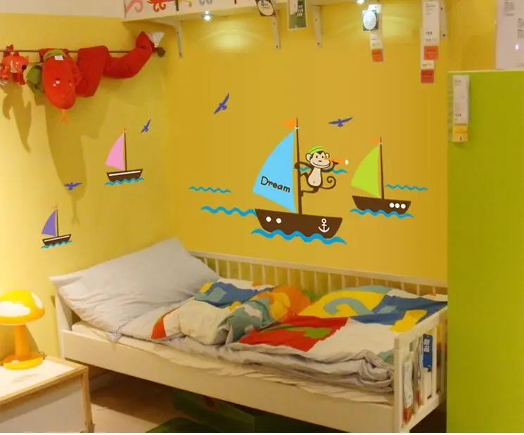 1Set Fashion Ocean Sail Boat Ship Monkey Wall Stickers Art Kids Room Decor Murals Decals PVC Vinyl Wallpaper AY7043 | Дом и сад