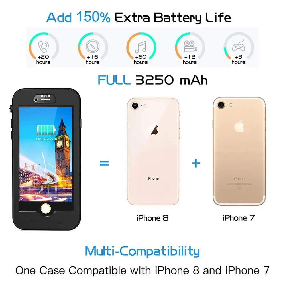 Для iPhone 7/8 Wterproof чехол ультра тонкий 3000 мА/ч Мощность банк водонепроницаемый