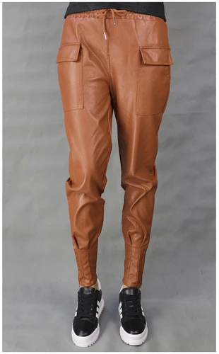 caramel colour Высококачественные Новые весенние и осенние женские штаны из искусственной кожи Штаны-шаровары большого размера микро эластичные тонкие брюки с эластичной резинкой на талии - Цвет: caramel colour