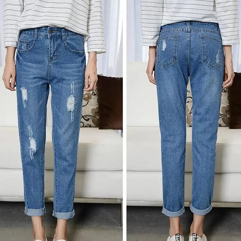 

MISSKY Women Pants Solid Blue Color Casual Spring Loose High Waist Straight Jeans with Pockets Female Clothes