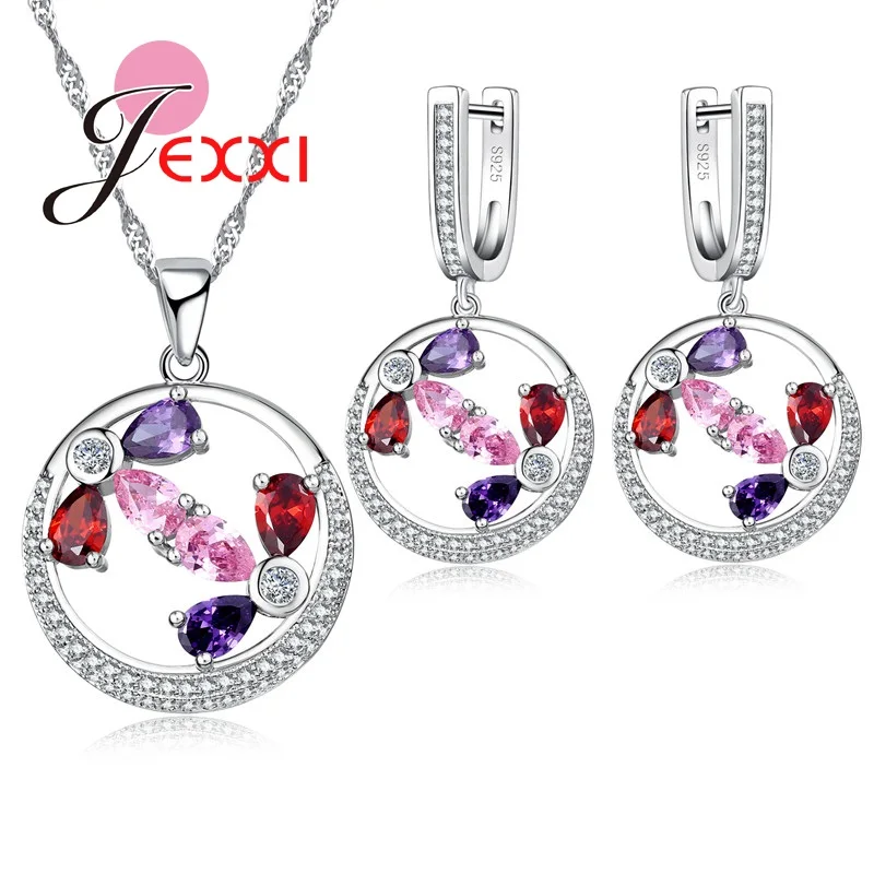 

New Trendy Multicolor AAA Cubic Zirconia Jewelry Set Round Pendant Earring And Necklace For Women's Wedding