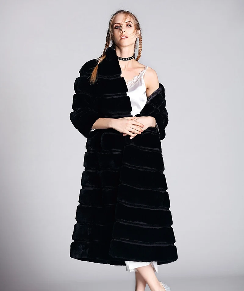 Женская зимняя длинная Меховая куртка с воротником стойкой LF4215|rex rabbit fur coat|outerwear