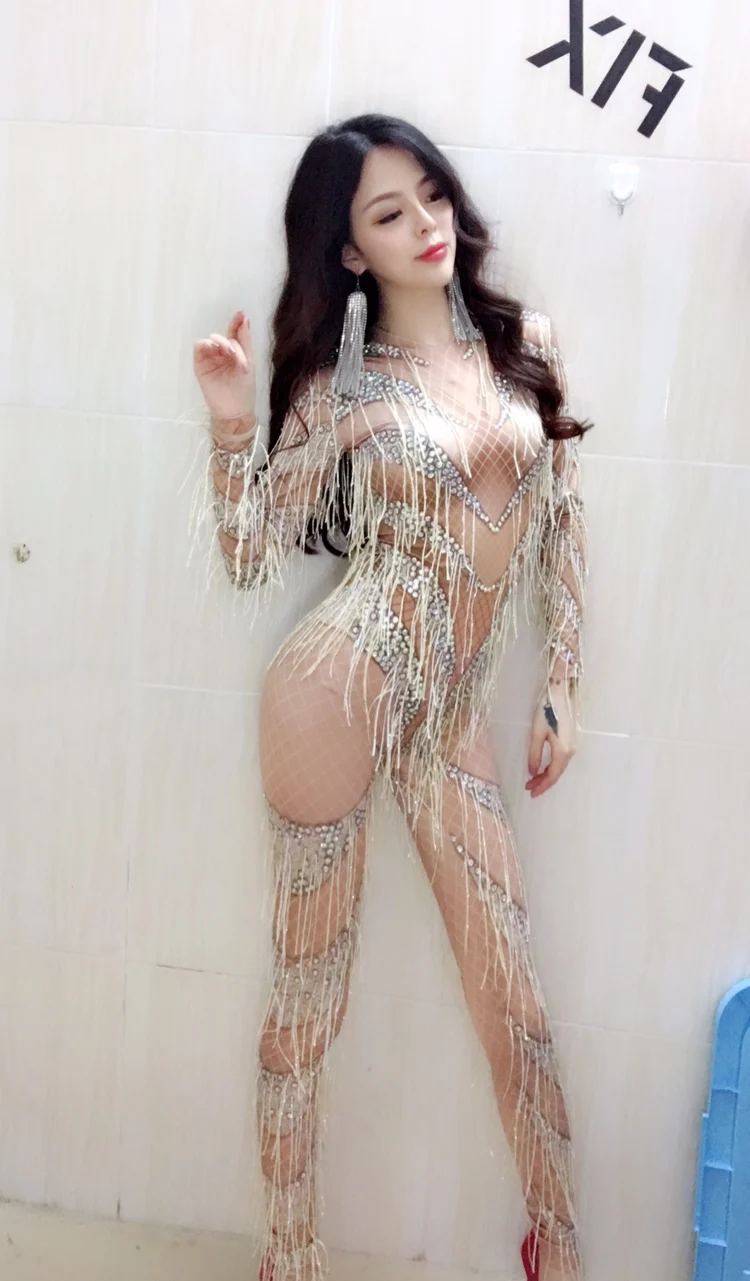 

2018 new nightclub sexy tassel perspective singer dj performance bodysuit costume for lady free shipping hot sale