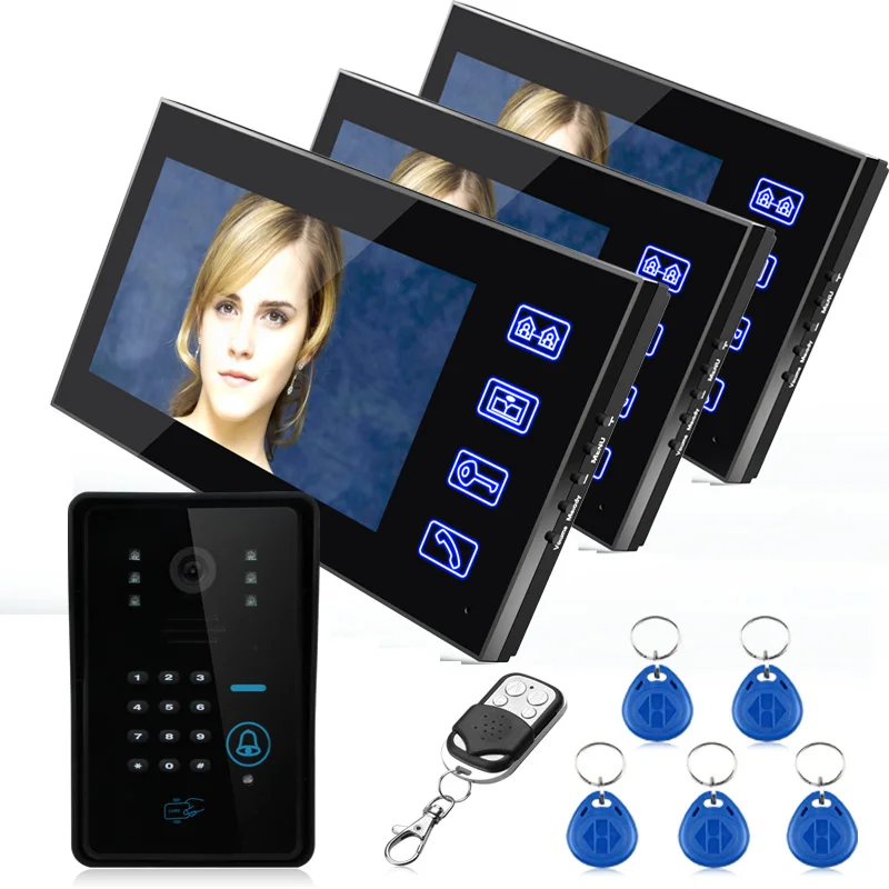 

7" TFT RFID Password Video Door Phone Intercom Doorbell 3 Monitors With IR Camera 1000 TV Line Remote Access Control System