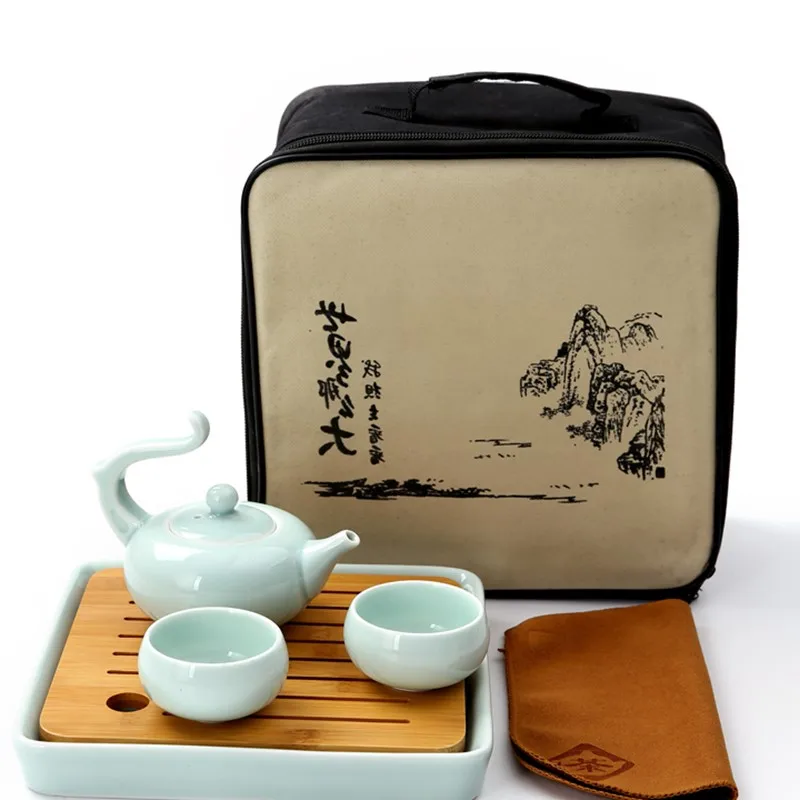 

2019 Celadon quick drink Kung Fu tea set travel outdoor portable tea set package bag with bamboo tea tray