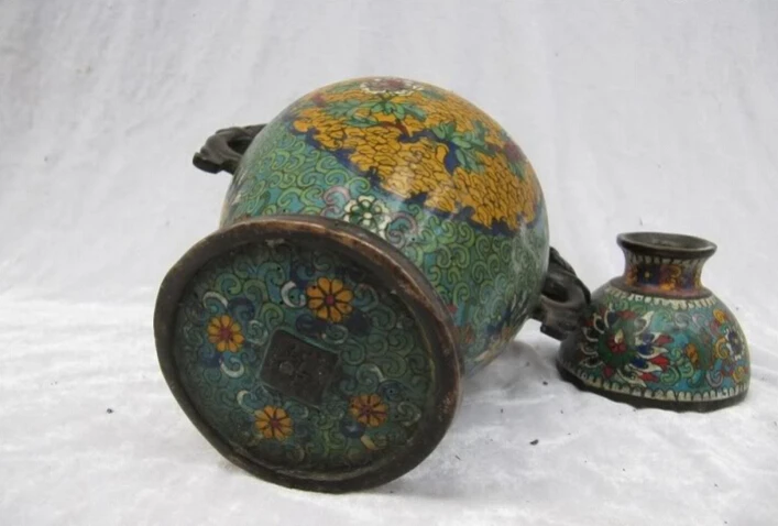 

Collectible bronze S2548 11" Chinese 100% Bronze handwork made cloisonne palace sheep Ears Zun Pot Vase