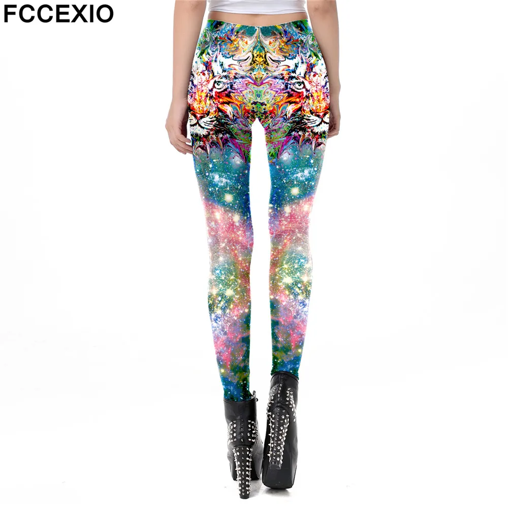 FCCEXIO New Women Leggings Galaxy Tiger Head Printed Workout Legging Colorful Fitness Leggins Puls Size Fashion 3D Pants | Женская