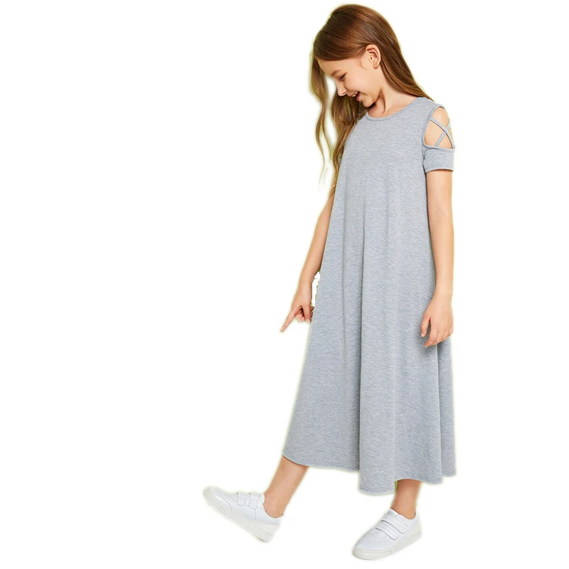 SHEIN/однотонное Повседневное платье с открытыми плечами и перекрещивающимися крест-накрест для детей; коллекция года; летние эластичные детские футболки с короткими рукавами