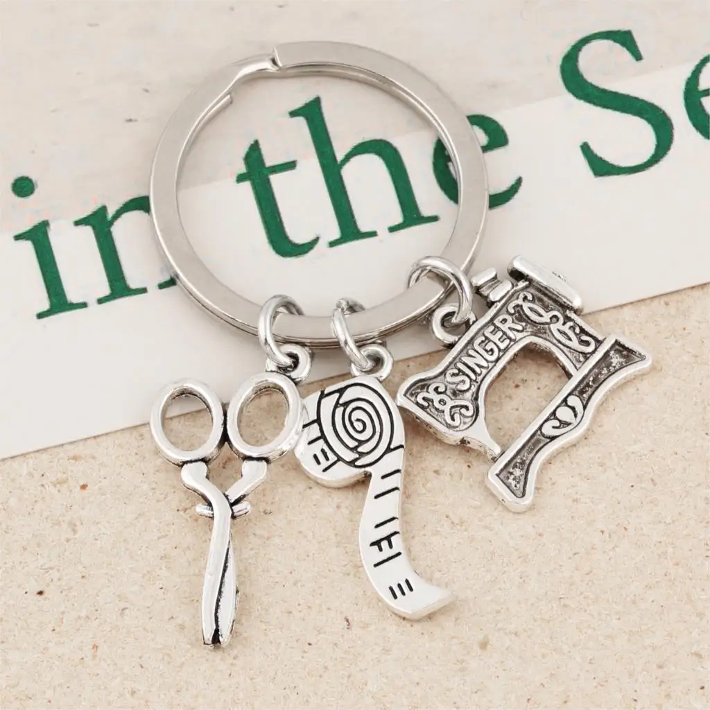 1Pc Sewing Machine Scissors Keychain Tape Measure Pendant Keyring Dressmaker Statement Gift Finding Jewelry Accessories E2588