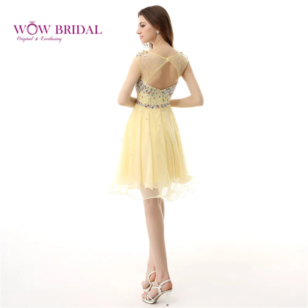 Wowbridal Yellow Chiffon Knee Length Cap Sleeves Homecoming Dress Formal Gown | Свадьбы и торжества