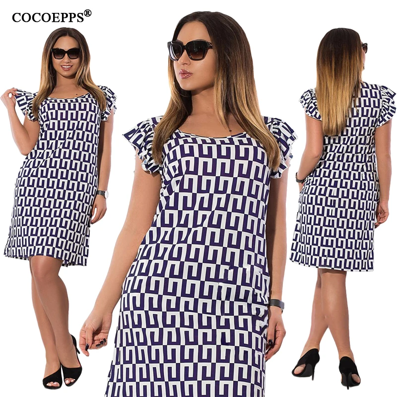 COCOEPPS Новый Геометрические печати женское платье 2019 Лето Размеры оборками Femme