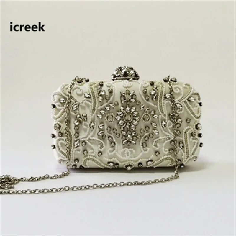 

Luxury women evening bags vintage pearl beaded clutch purse Lady bridal wedding wallet handbag diamond shoulder bag with chains