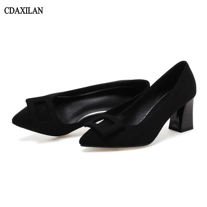 

CDAXILAN new women pumps Faux suede 7cm high square heels pointed toe shoes summer dress office lady shallow shoes