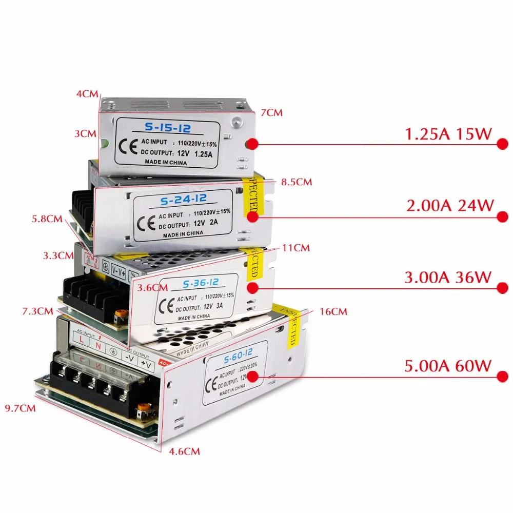 12V трансформатор освещения 1A 2A 3A 5A 8.5A 15A 20A 30A выходной адаптер источник питания 60 Вт 100 Вт 120 Вт 180 Вт 250 Вт 360 Вт драйвер светодиодной ленты