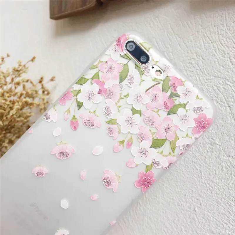 NFH 3D Cherry Blossoms Flower Phone Case sFor iPhone 5 5S 6s Soft TPU Cover for On 5s SE 6 7 8 Plus X |
