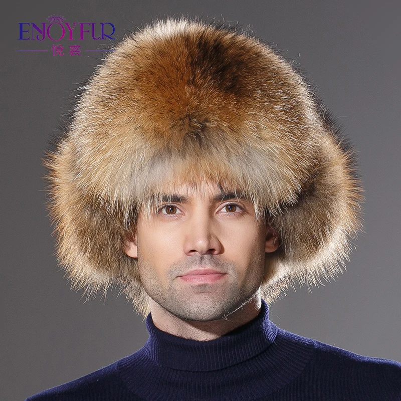 Мужская зимняя меховая шапка из натуральной кожи bomer для мужчин защита ушей енота