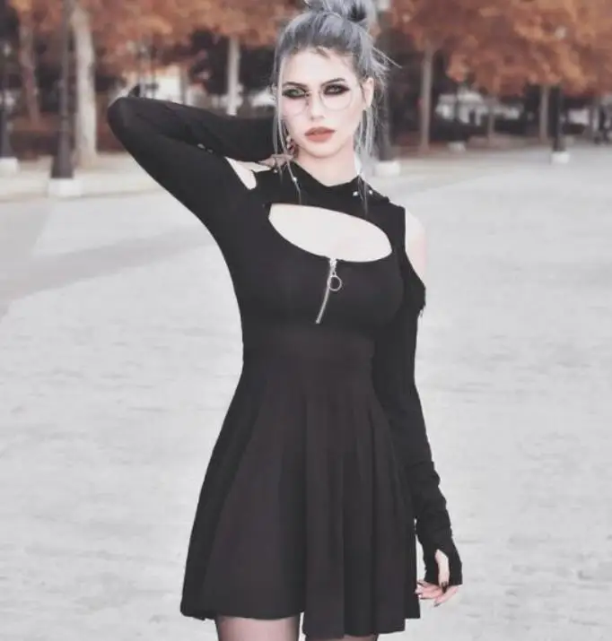 Женское платье с капюшоном Goth черное Плиссированное мини открытыми плечами