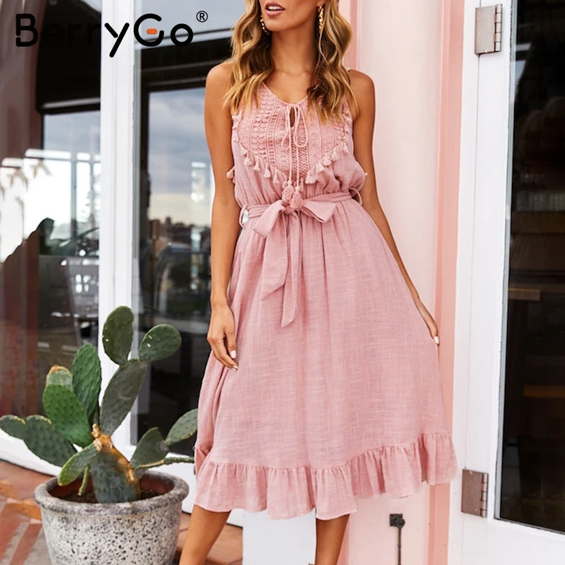 BerryGo Простое чешское летнее льняное кружевное платье с открытыми плечами