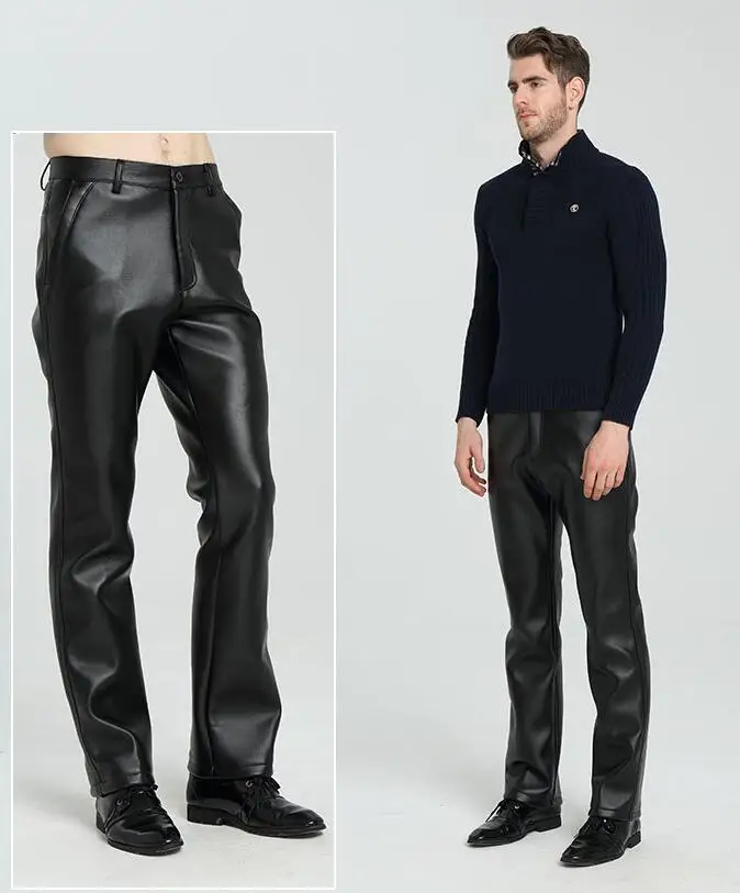 Plus velvet thickening loose waterproof winter personality fashion motorcycle faux leather pants mens feet pu trousers men | Мужская