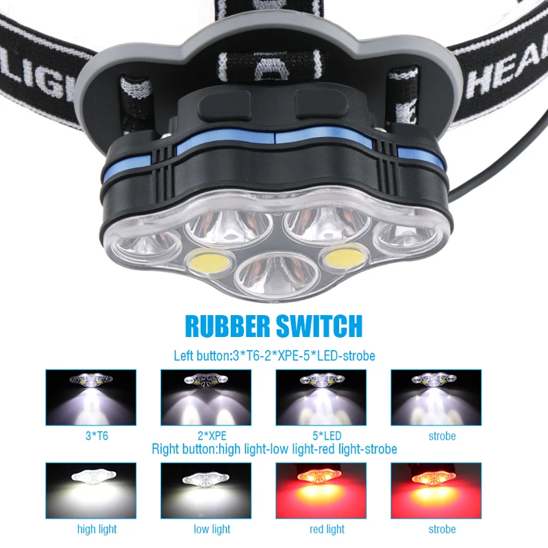 Boruit 3 * T6 + 2 XPE COB 7 LED MICRO USB налобный фонарь Головной лампа для верховой езды