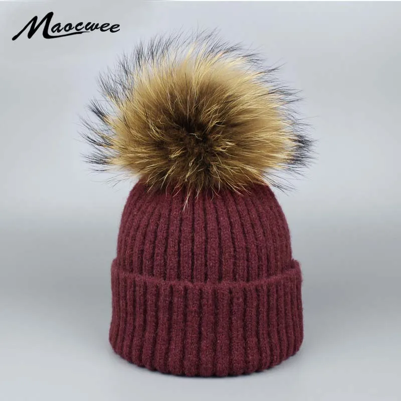 

Winter Kid's Raccoon Fur Pompon Hats Wool Polyester Beanies Caps For Children Girls Unisex Knitted Wool Skullies Pompom Cap Hat