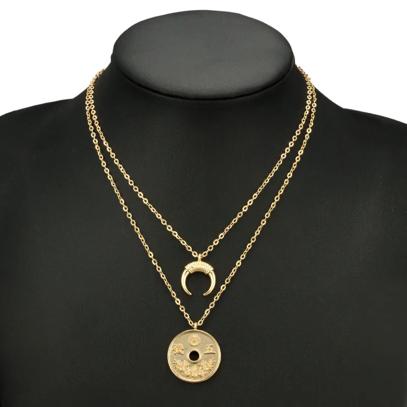 

Vintage Double Layer Horn China Coin Round Pendant Necklace Gold Color Chain Necklace For Friend Women Souvenir Gift