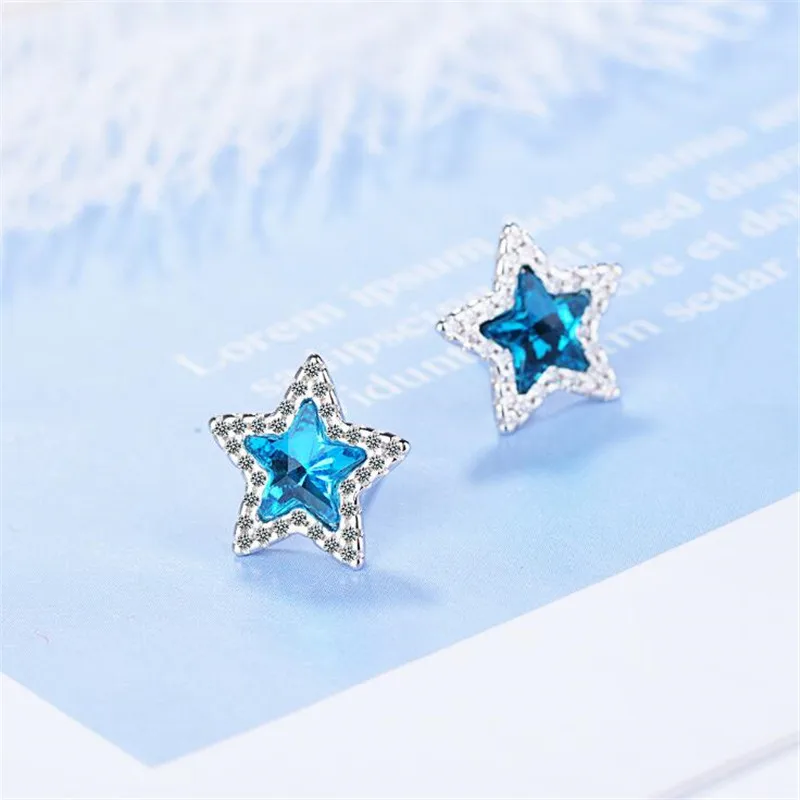 

New Arrival Noble Flash Full Of Crystal 925 Sterling Silver Jewelry Blue Five-pointed Star Colorful Stud Earrings SE663