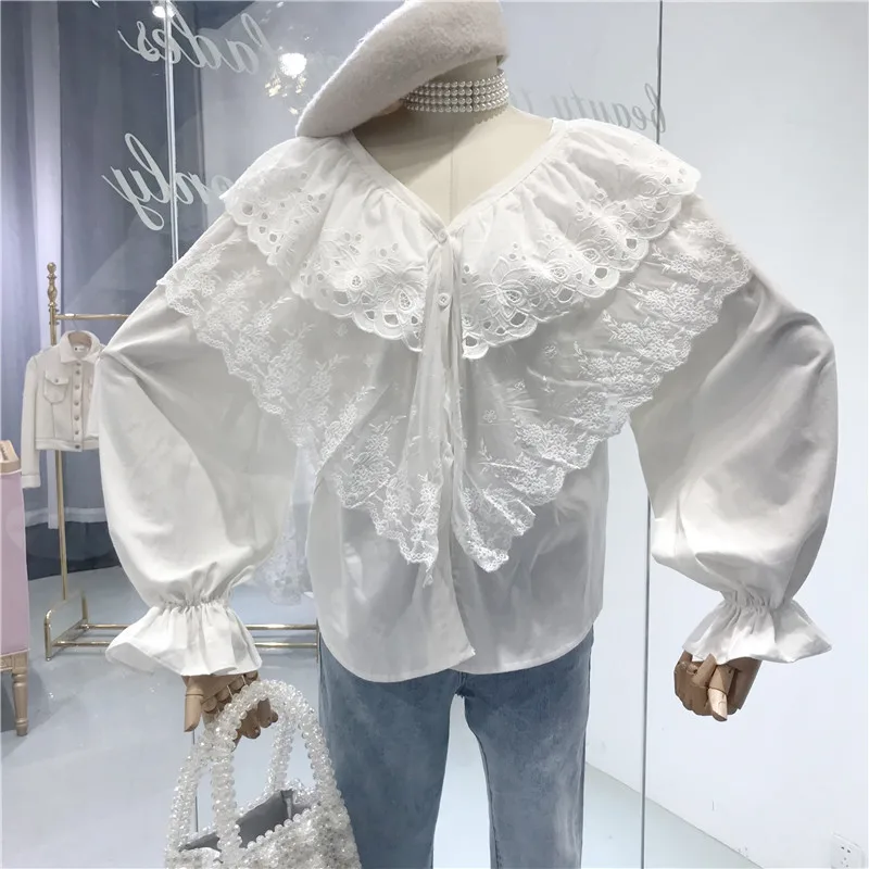 

2019 Spring New Korean Rufflus Hollow Out Blouse Fashion crochet turn down Collar long sleeve blouses