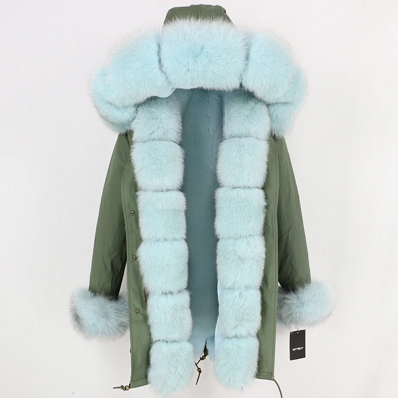 green light blue OFTBUY, Длинные парки, зимняя куртка, Женское пальто из натурального меха, натуральный Лисий мех, Отделка капюшона, черная верхняя одежда, уличная одежда, толстая теплая парка - Цвет: green light blue